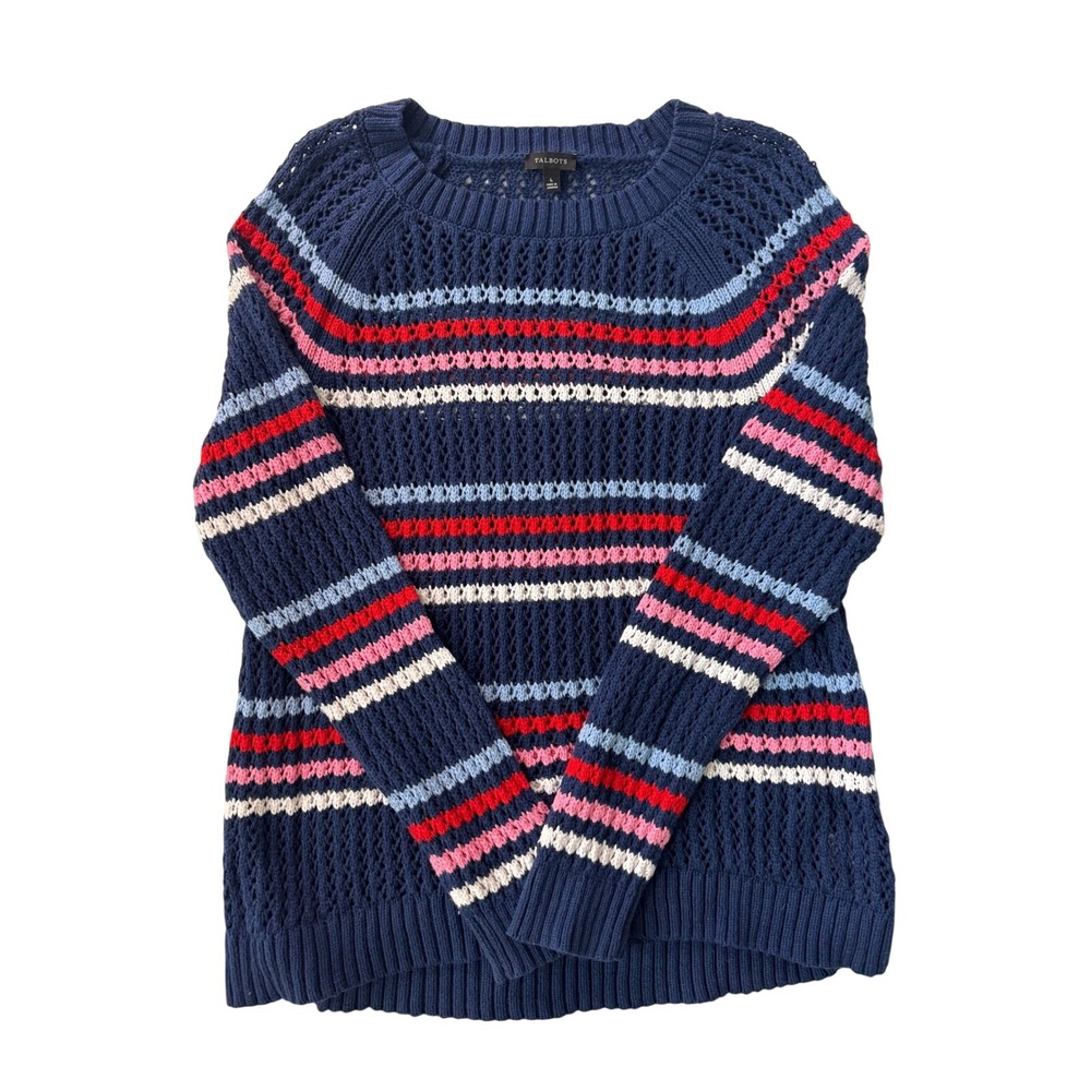 Talbots Womens Large Blue Striped Open Knit Cotton Sweater Crew Neck Pullover